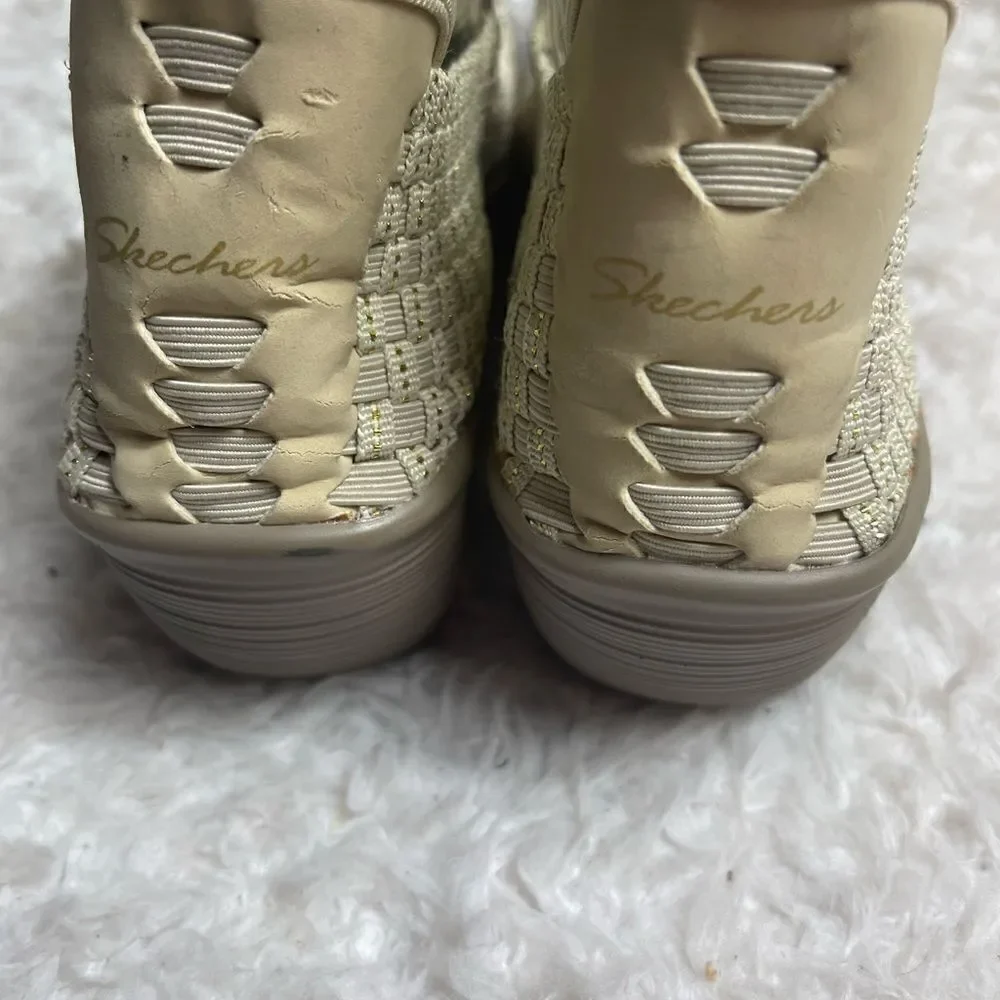 Skechers Parallel Beige /Gold Weave Wedge Peep Toe Sandals Shoes SZ9.5